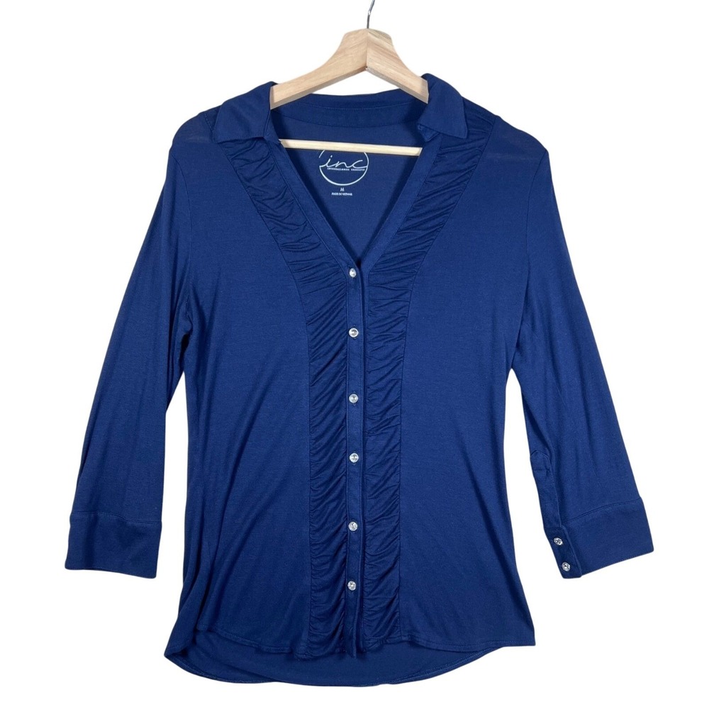 INC International Concepts Blue Button‎ Down 3/4 Sleeve Shirt Rhinestones Y2K M